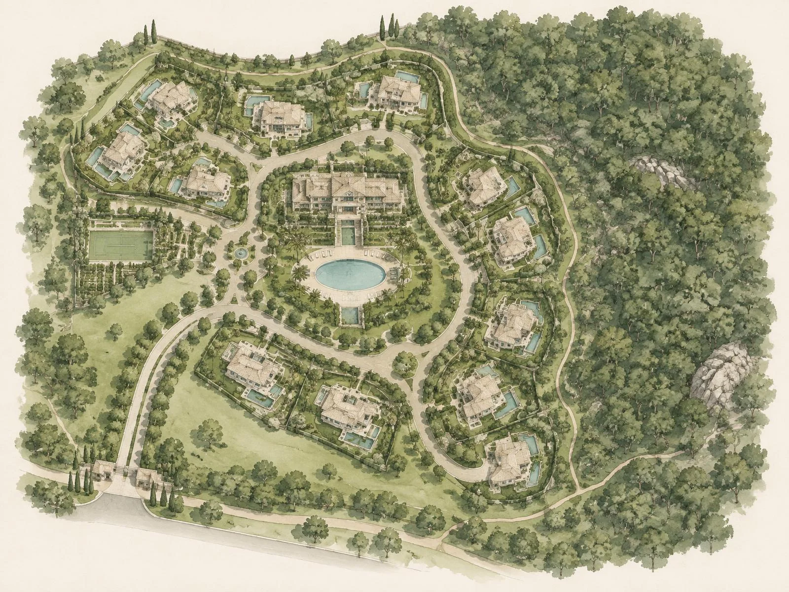Illustrated masterplan of the JD Villa estate