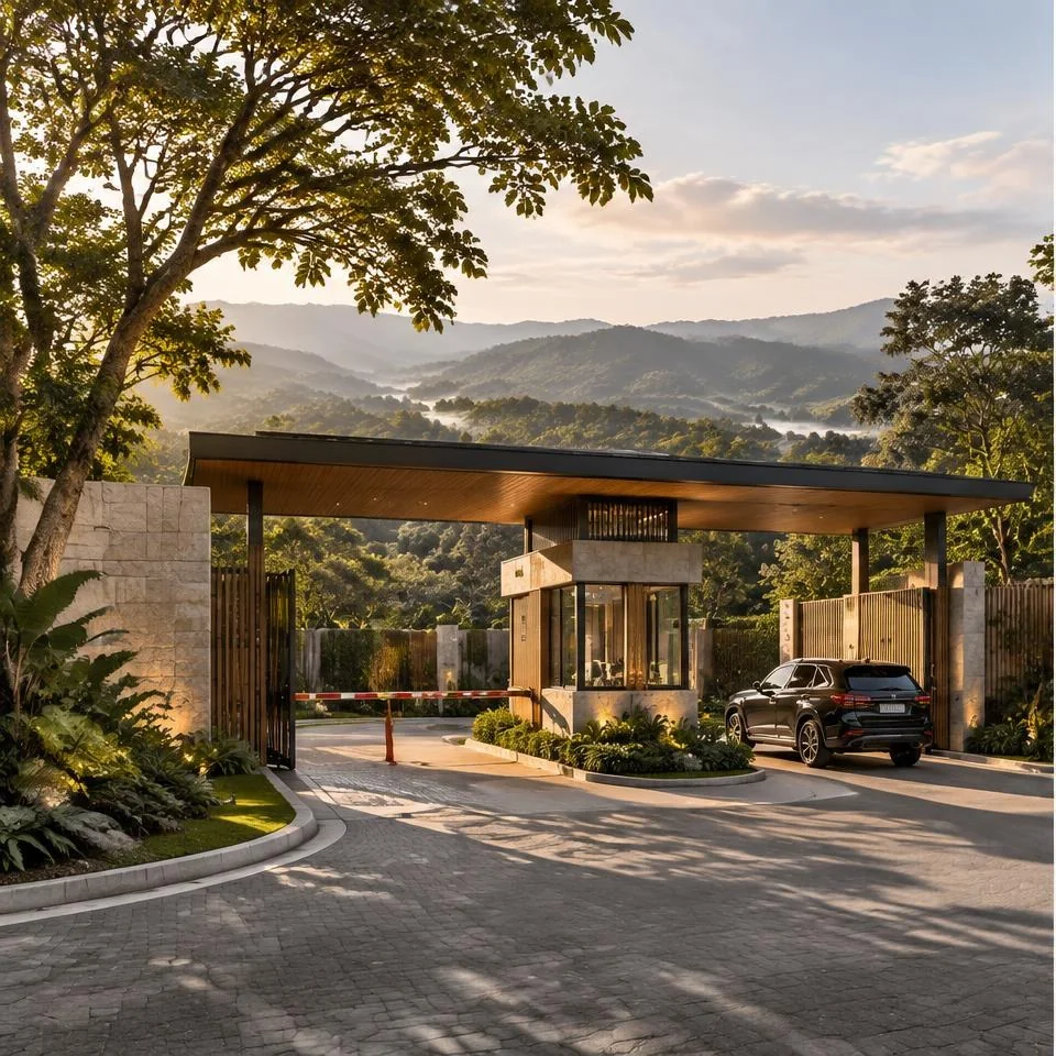 Landscaped arrival gate and guardhouse at JD Villa