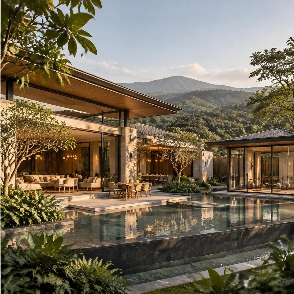 JD Villa clubhouse with an open-air lounge and reflecting pool