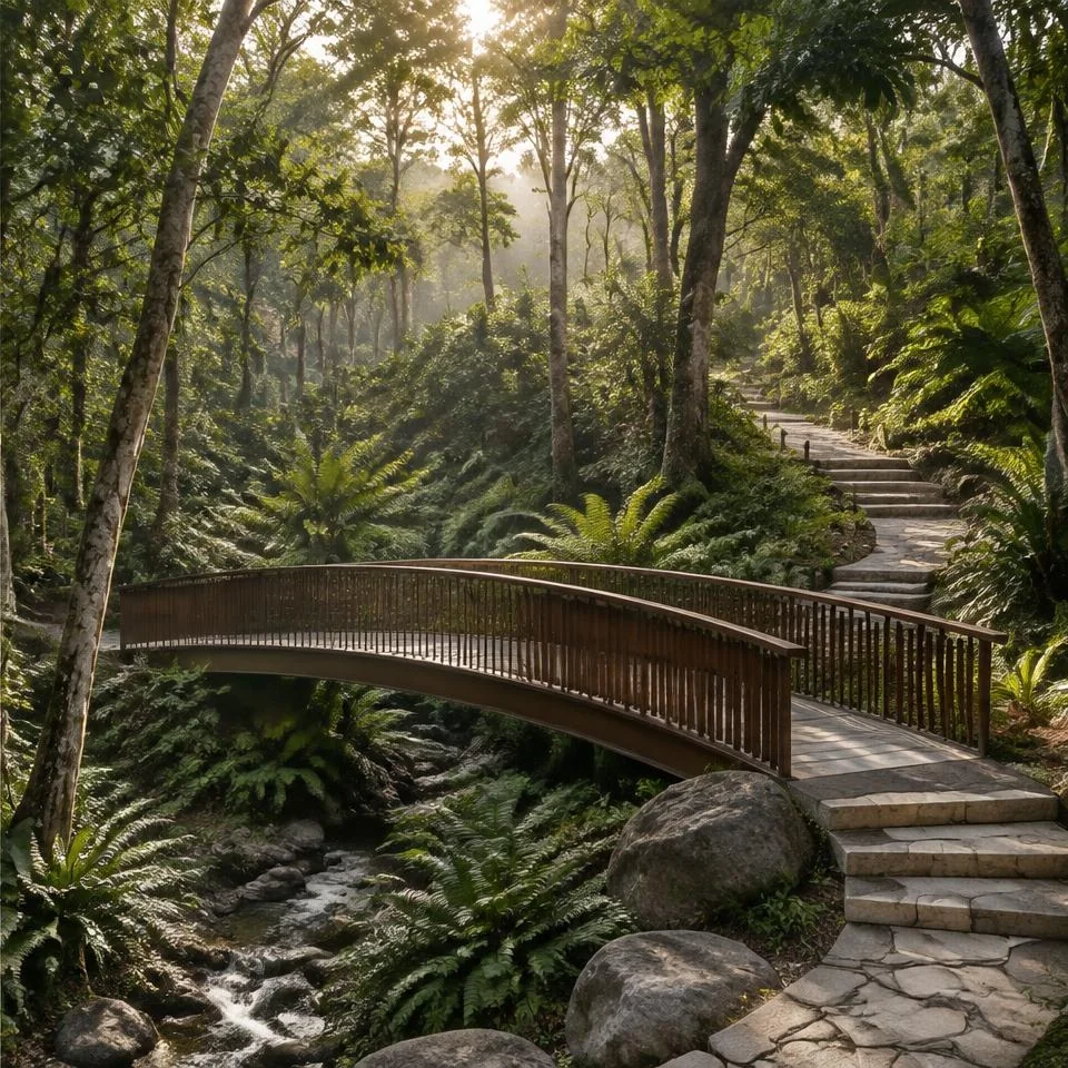 Low-impact walking trail through JD Villa's preserved forest