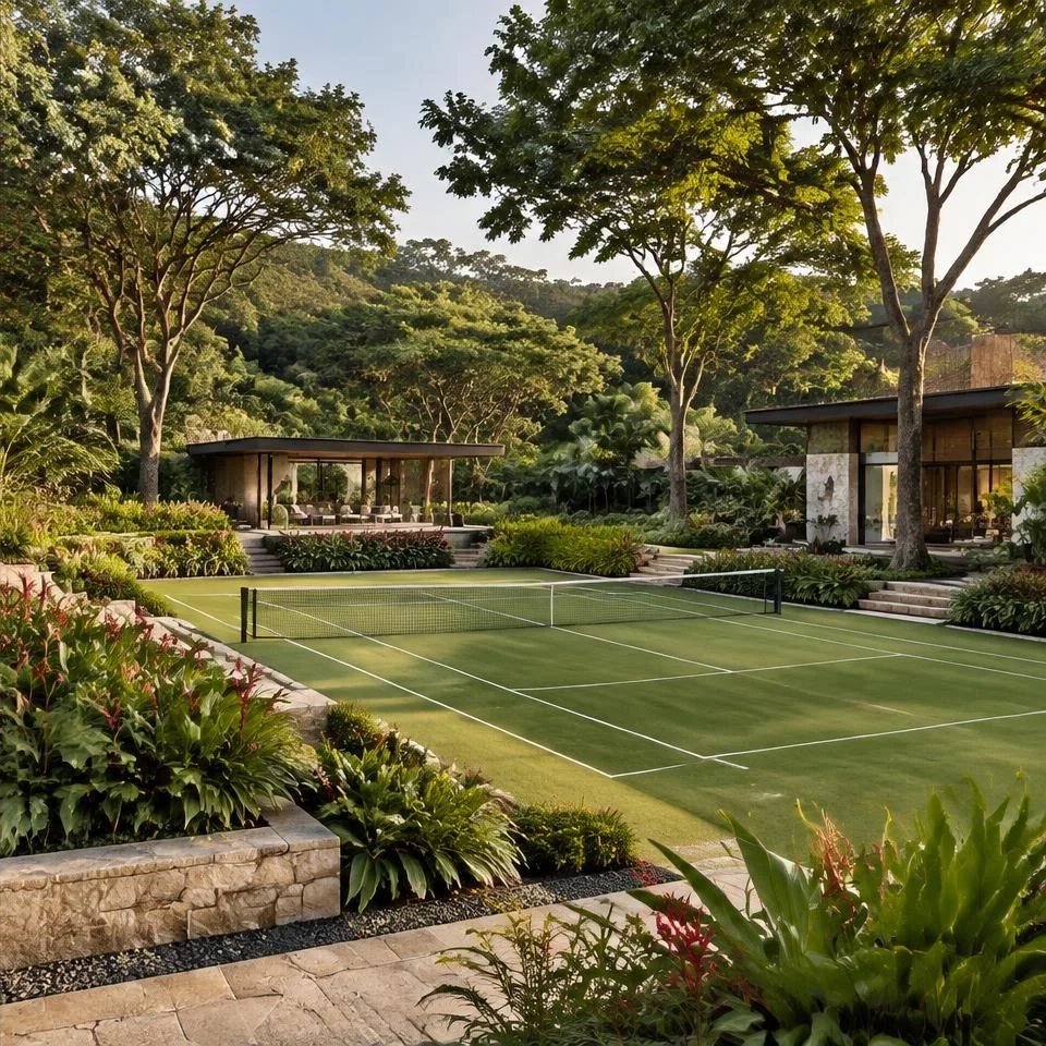 Landscaped tennis lawn surrounded by tropical gardens
