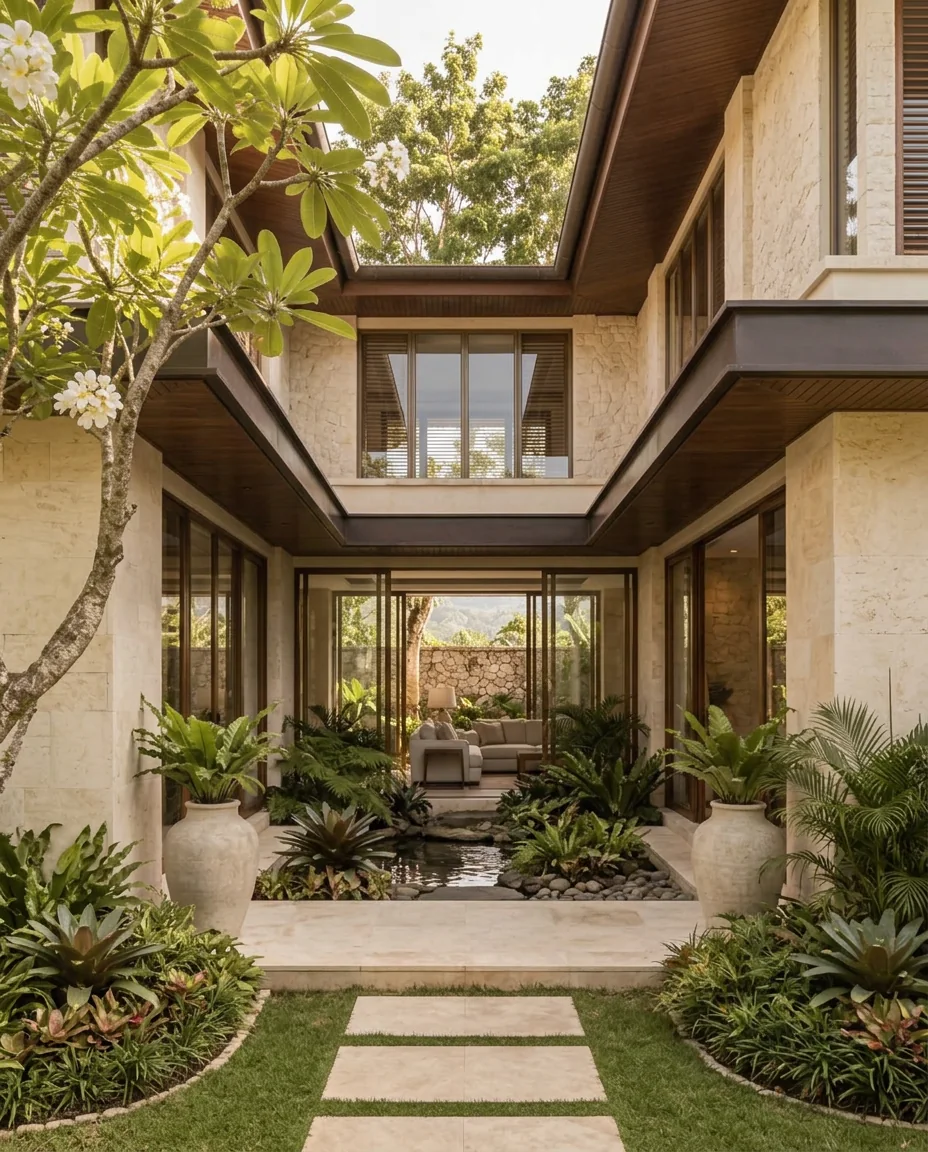 Courtyard House villa with a tropical water garden