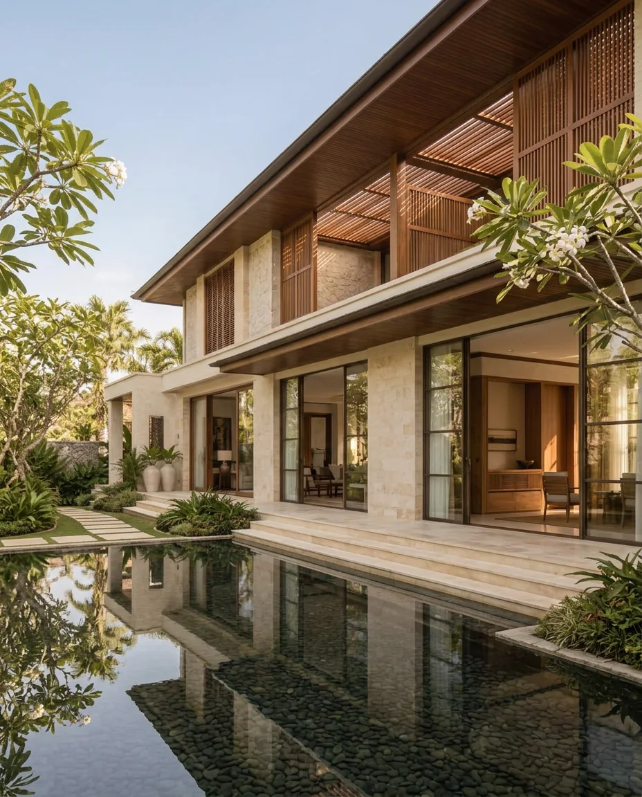 Linear Pavilion villa with teak screens and a reflecting pool
